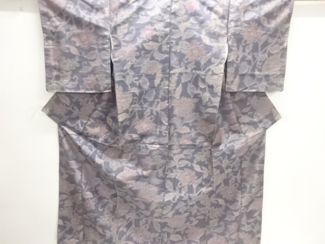 JAPANESE KIMONO / UNUSED TSUMUGI / WOVEN FLORAL PLANT 